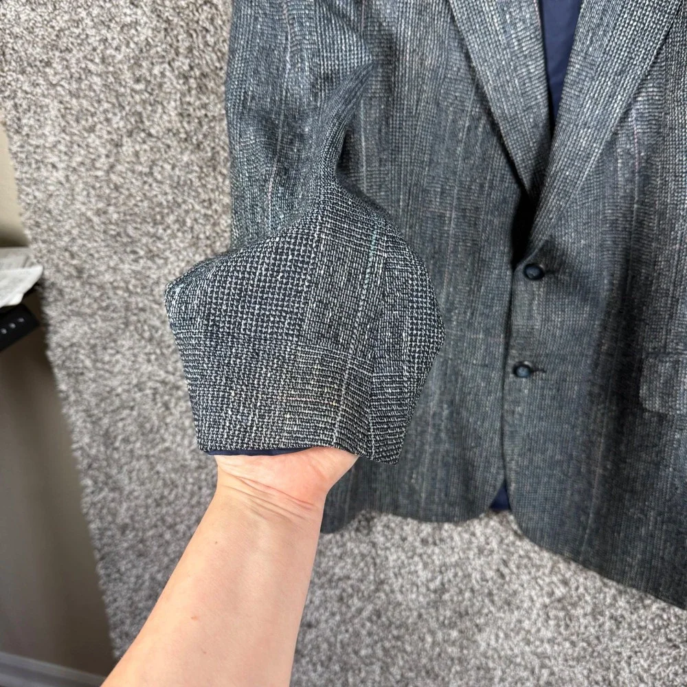 Stafford Executive Mens 100% Silk‎ Blazer Sport Coat Blue Grey Plaid 43R Texture